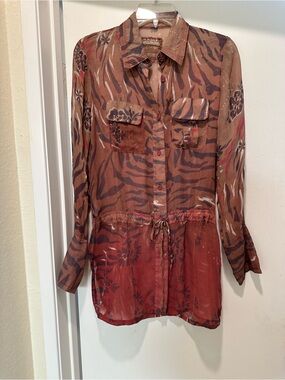 Women's Brown & Rust Patterned Drawstring Button-Down Shirt
